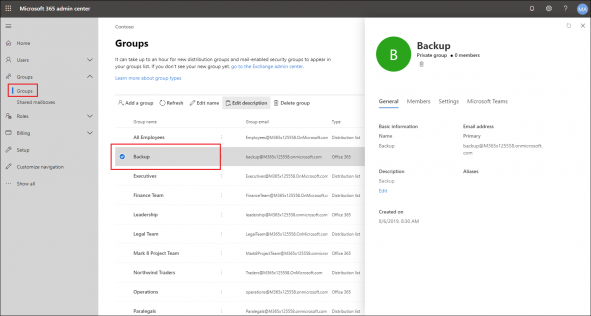 Selecting a group in Microsoft 365 admin center
