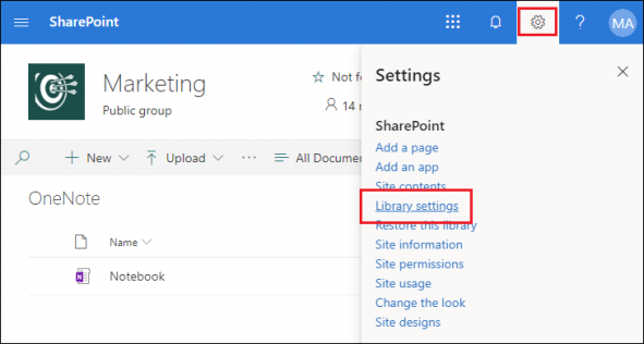 Accessing the library settings in SharePoint Online.