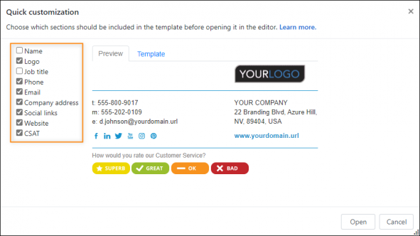 Selecting sections that you want to include in a signature template.