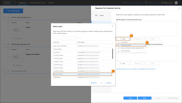 Choosing a shared mailbox for the server-side signature rule.