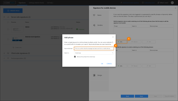 Adding the identifier phrase that will be used to detect a message sent from a mobile client.