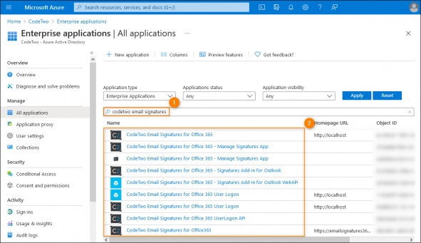 The Azure Active Directory app list populated with CodeTwo apps matching the searched text.