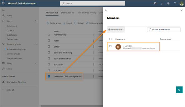 Adding a shared mailbox as a group member in Microsoft 365.