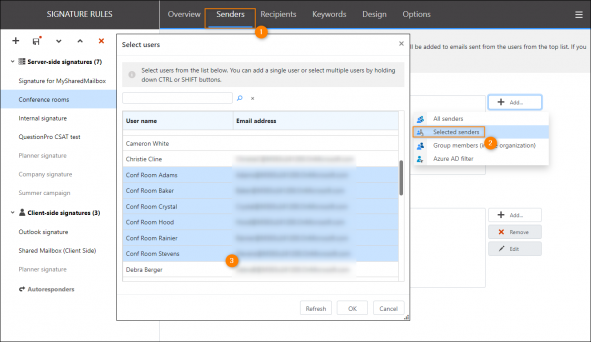 Selecting resource mailboxes as senders in the signature management app.