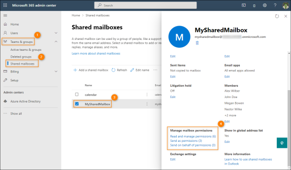 Configuration of a shared mailbox in Microsoft 365 admin center: delegate permissions.