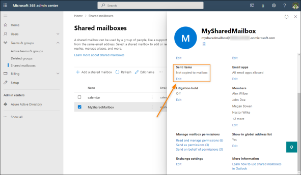 Configuration of a shared mailbox in the Microsoft 365 admin center: message copying.