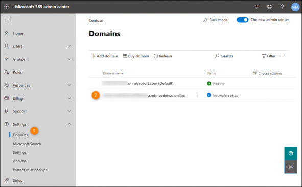 Finding the CodeTwo domain in Microsoft 365 admin center.