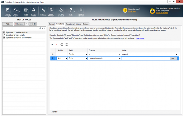Configuration of conditions in the CodeTwo Exchange Rules family of products.