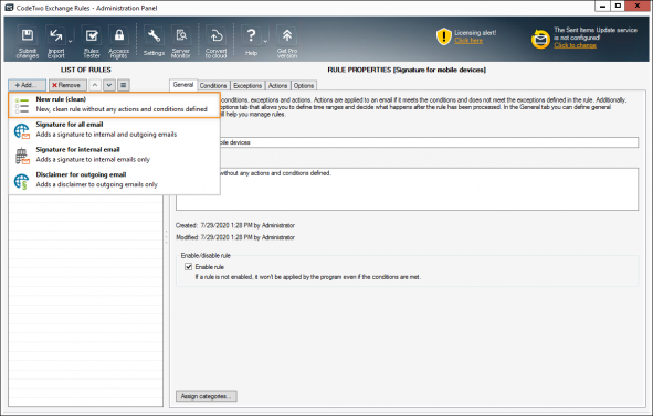 Creating a new rule for adding mobile signatures.