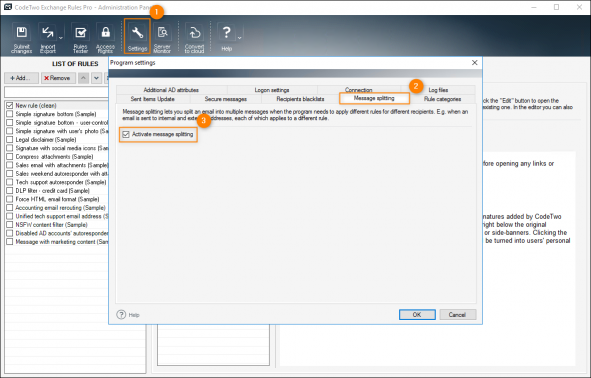 The message splitting settings in CodeTwo Exchange Rules Pro 2.x.