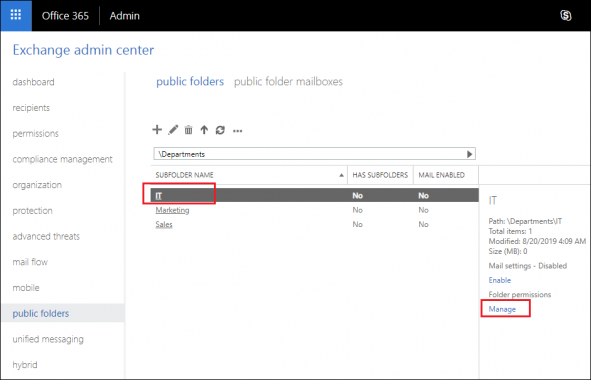 Accessing folder permissions in Exchange admin center