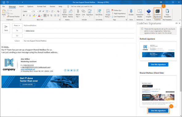 Inserting the shared mailbox signature manually.