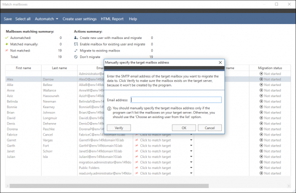 Providing the target mailbox address manually in CodeTwo Exchange Migration.