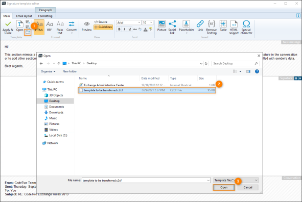 Loading the signature template exported from CodeTwo Email Signatures 365.