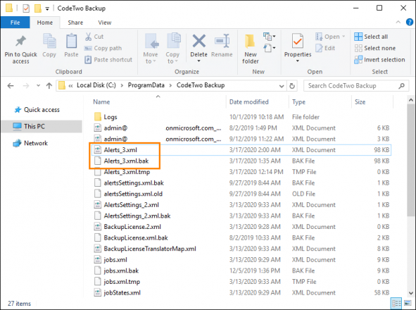 Deleting CodeTwo Backup alert log files