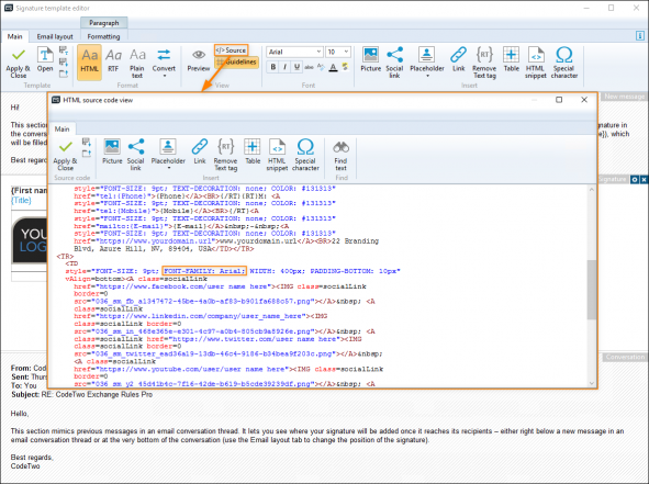 Opening the signature's source code view in the editor and finding the font-family property of a signature element.