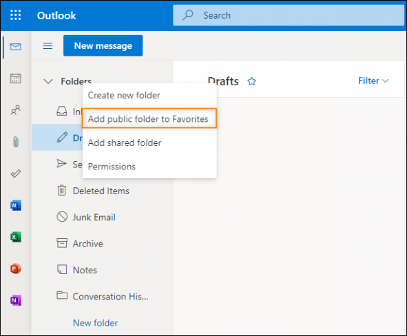 Adding a migrated public folder to Favorites to verify successful migration.