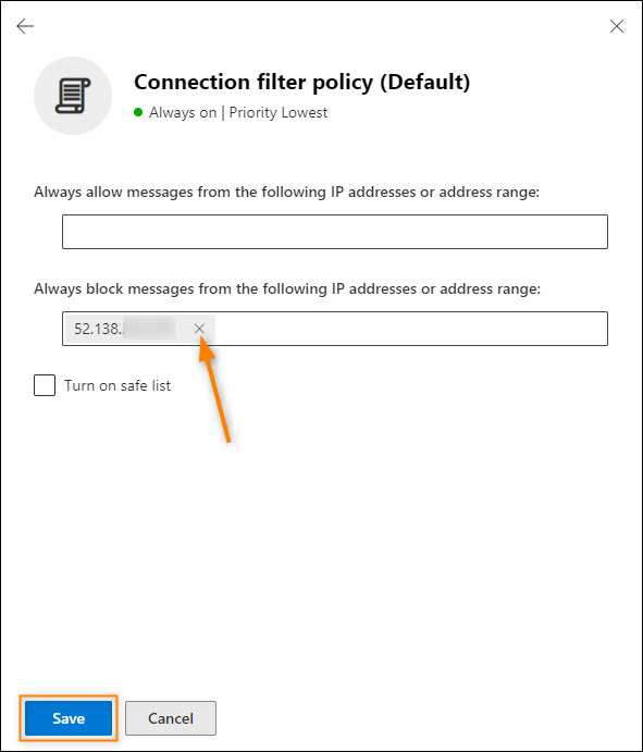 Removing a blocked IP from the Connection filter policy settings.