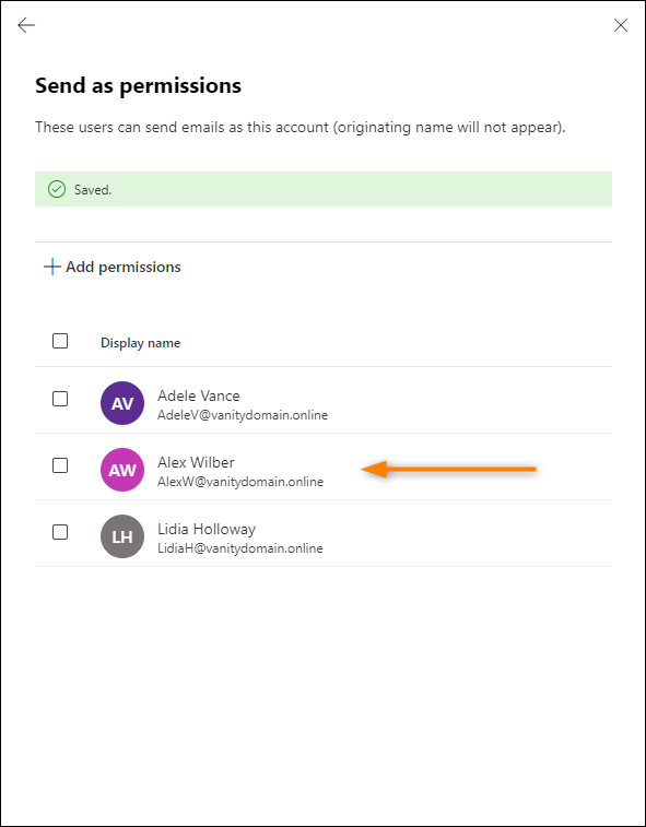 The updated information in the Send as permissions pane.
