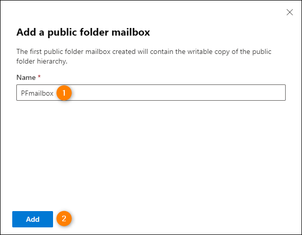 Configuring a public folder mailbox in the modern Exchange admin center.