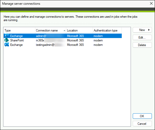 The Manage server connections window.