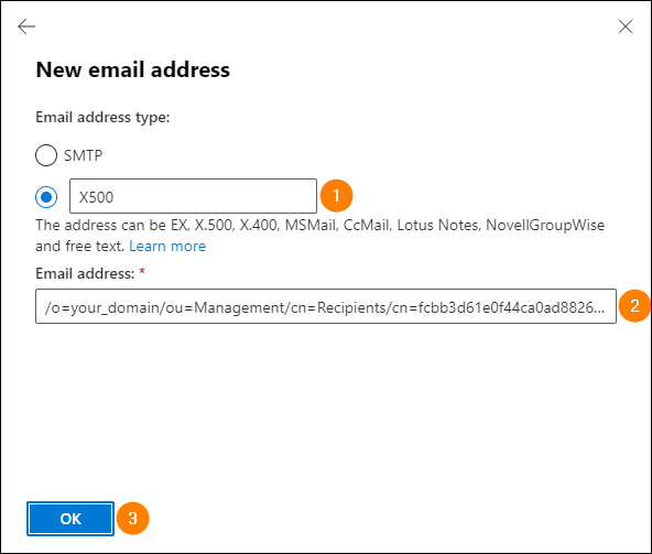 Setting the X500 address as an alias in the Exchange admin center.