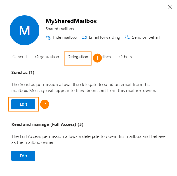 Configuring the Send as permissions to a shared mailbox.