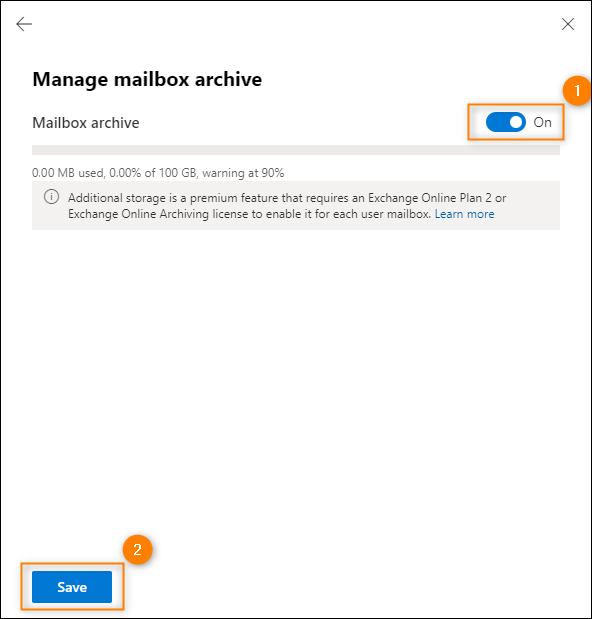 Enabling the archive mailbox for a user in the EAC.