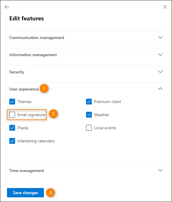 Disabling email signatures in OWA in the modern Exchange admin center.
