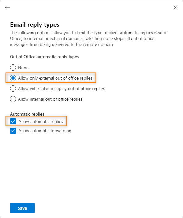 Options required to send auto replies to external recipients in a given remote domain.
