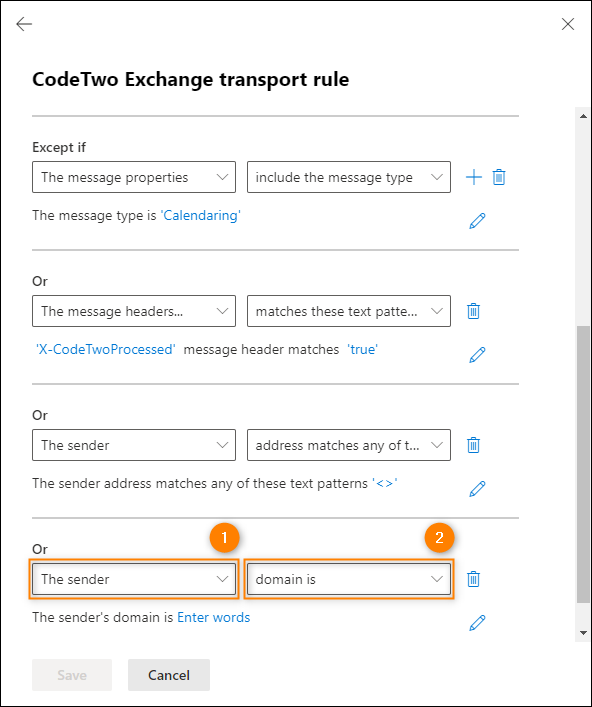 Selecting conditions for the exception.