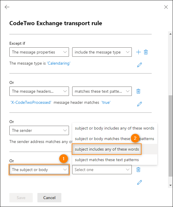 Selecting conditions for the exception.