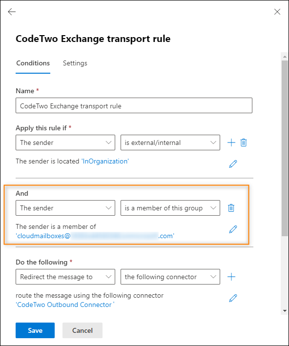 Setting up the CodeTwo Exchange transport rule in Exchange Online to match only these users who have their mailboxes in Office 365 and are supposed to get email signatures.