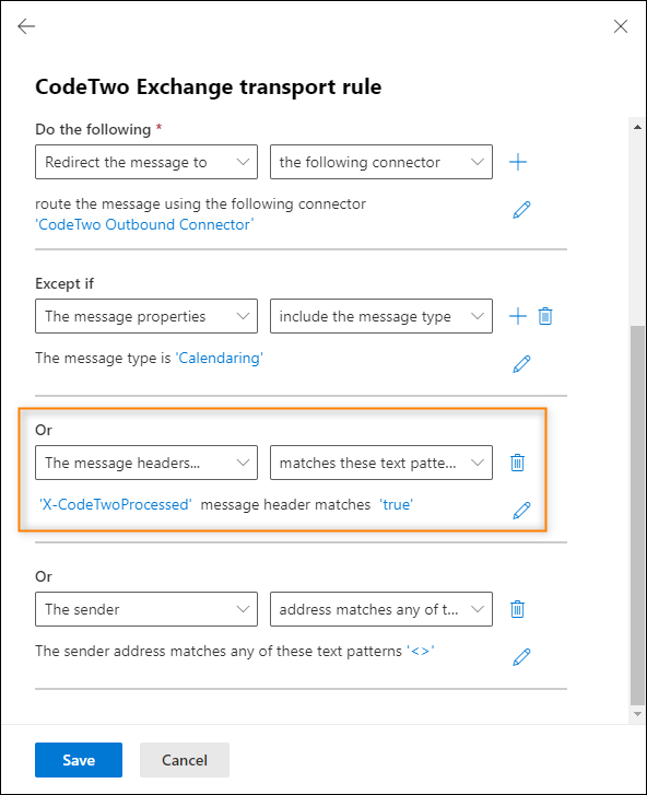 The header exception used in the CodeTwo Exchange transport rule to prevent against multiple processing of the same email message.