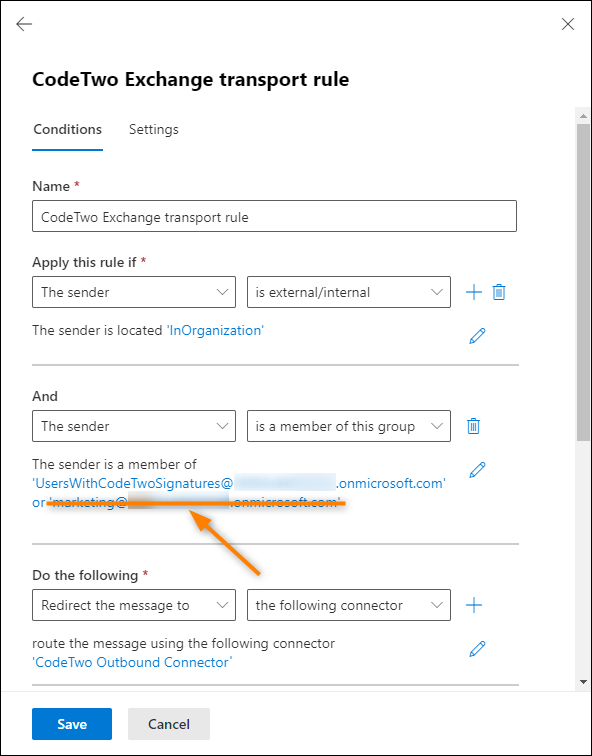 A shared mailbox should not be added directly (as a group) to the conditions of the CodeTwo Exchange transport rule.