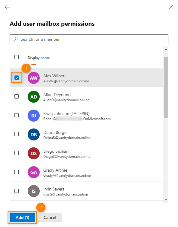 Assigning mailbox permissions to a user (Alex).