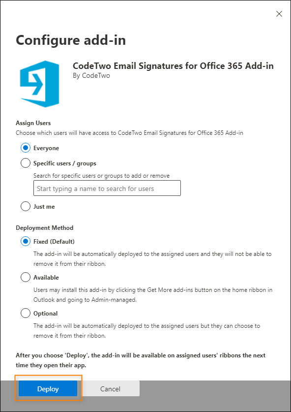 Configuring the add-in's accessibility and deployment method.