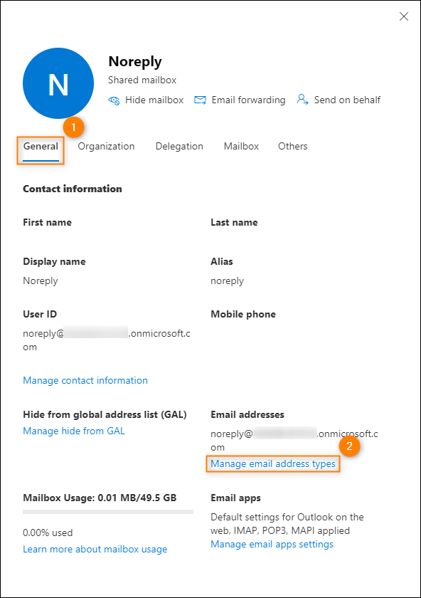 Accessing email addresses settings for the shared mailbox.
