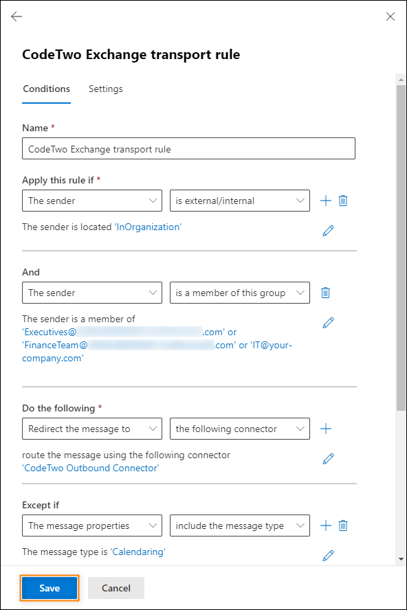 After your groups are added to the conditions, you need to save the rule.