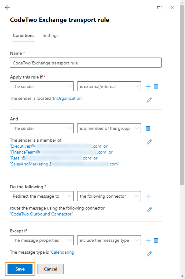 After your groups are added to the conditions, you need to save the rule.