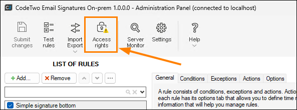 The Access rights button on the toolbar of the Administration Panel.