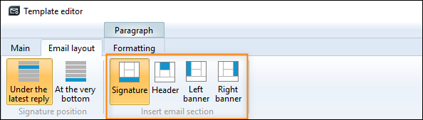 You can turn individual email sections on/off via the buttons in the Insert email section group.
