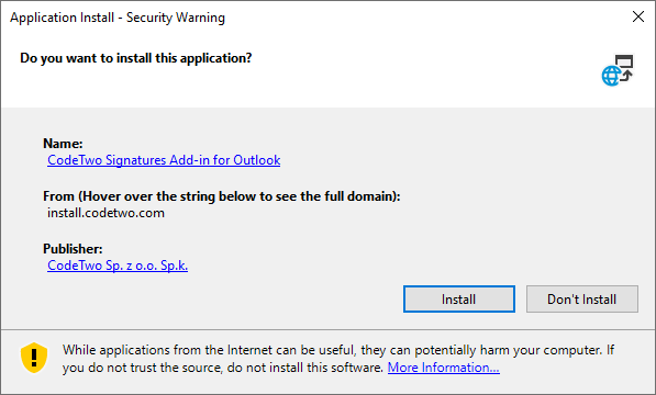 Installation of the Signatures Add-in for Outlook.