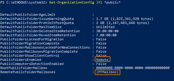 Information on organization configuration, including public folders mode.