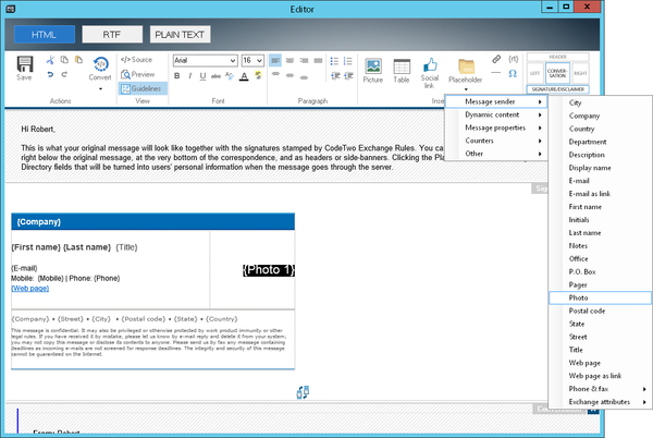 CodeTwo Exchange Rules HTML Editor lets you add Active Directory photos to email signatures
