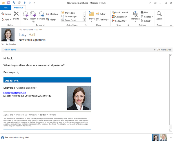 A signature automatically added by CodeTwo Exchange Rules Pro containing the photograph of the sender