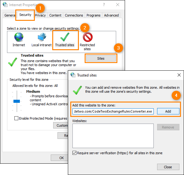 Adding the URL of CodeTwo Exchange Rules Converter to Trusted sites.
