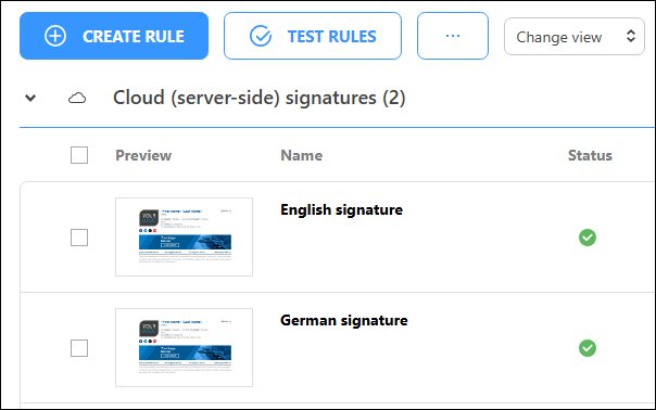 Two signature rules with different language versions of the default signature to choose from.