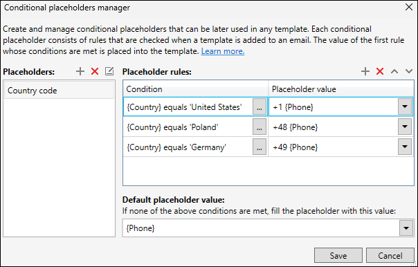 An example of using a conditional placeholder to insert an appropriate country code before the sender's phone number (depending on the Country attribute's value).