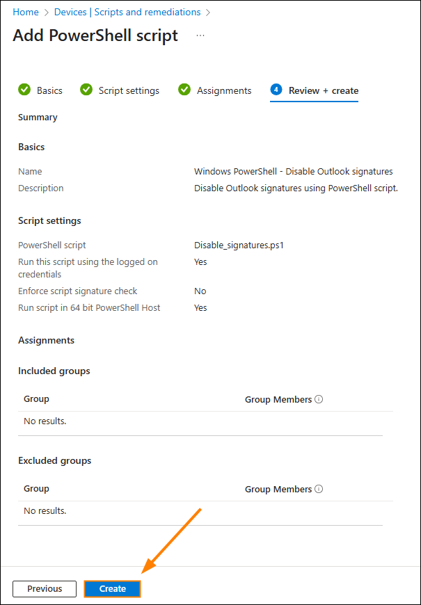 Review your configuration and click Create to start executing the script.